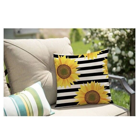 Black and White Striped Sunflower Creative Yellow Decorative Throw Pillow Cov... - Picture 3 of 5
